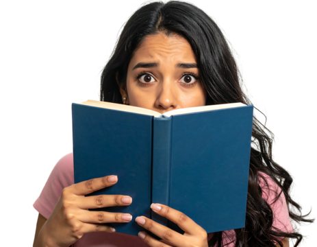 Young woman with scared eyes hides behind a blue book against black backdrop, wearing pink top