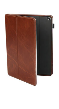 A brown leather folio case for a tablet or e reader closed and standing upright isolated on transparent background