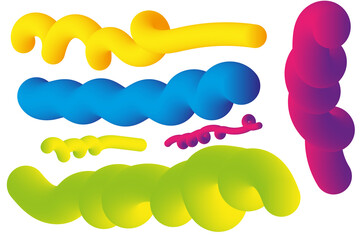 Collection of colorful 3d squiggles and curves isolated on transparent background