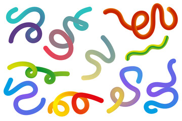 Collection of colorful squiggles and curves isolated on transparent background