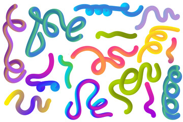 Collection of colorful squiggles and curves isolated on transparent background