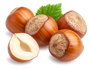 Close-up of five shelled nuts, one cut open with a green leaf