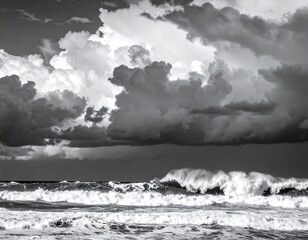 Dramatic monochrome shot of ocean waves crashing under a stormy sky