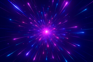 Obraz premium Abstract Neon Light Explosion with Colorful Beams and Particles on Dark Background