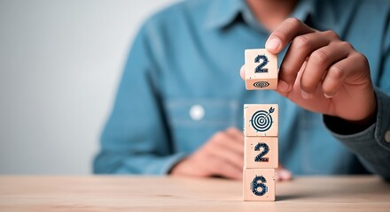 Person stacking wooden blocks with numbers and target icon to represent future goals and achievements in the new year