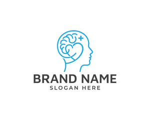 Blue line art logo of a human head with a brain and plus sign inside, isolated on white background
