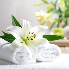 Close-up of lily, stacked towels, spa setting, soft lighting