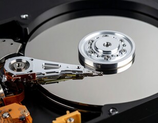 Close-up of open, mechanical data storage device