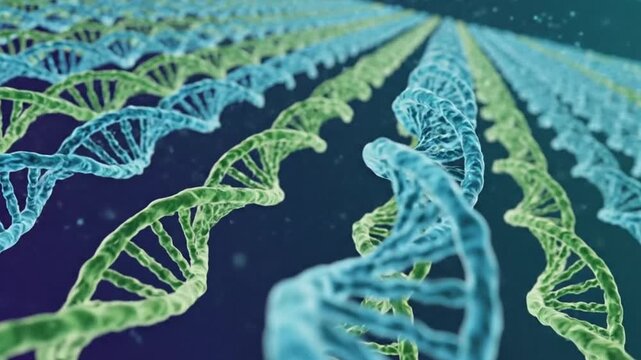 A detailed 3D animation of a large field of DNA double helix strands stretching toward the horizon. The molecules rotate, representing genetic sequencing and biotech research.