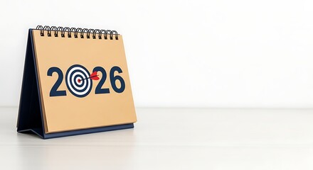 Desktop calendar for the year 2026 with a bullseye target design symbolizing goals and future planning
