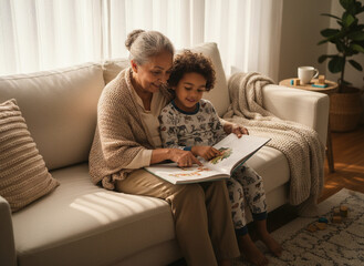 Happy grandmother and granddaughter reading a book together on the sofa at home
