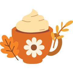 Cozy Autumn Mug With Whipped Cream And Fall Leaves In Warm Orange Hues Featuring A Daisy Design On The Ceramic Cup Ideal For Seasonal Decorations And Holiday Graphics