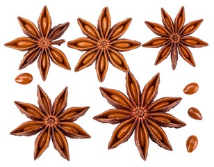 Close-up of several star-shaped anise spices with seeds, isolated on white