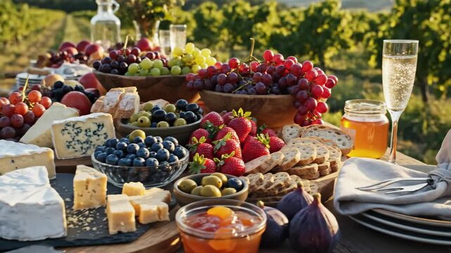 Cheese and Fruit Platter for Picnic - A wooden table is lavishly adorned with a spread of gourmet cheeses, fresh fruits, and artisanal bread, ideal for a picnic.