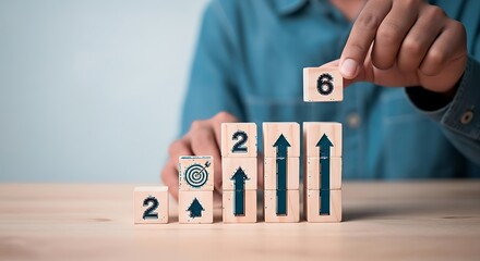 Person building a rising graph with numbered blocks and upward arrows symbolizing growth and progress