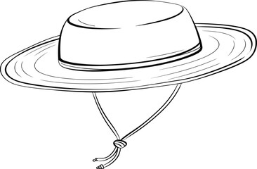 Vector flat sketch illustration of wide brim sun hat with rounded crown, chin strap, outdoor fashion accessory, protective summer headwear design