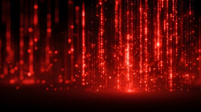 Numerous bright red particles cascade downward forming luminous vertical streams against a dark background