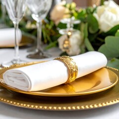 Elegant table setting with gold accents and fresh floral arrangement