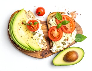 Close-up of two gourmet toasts with avocado and tomato
