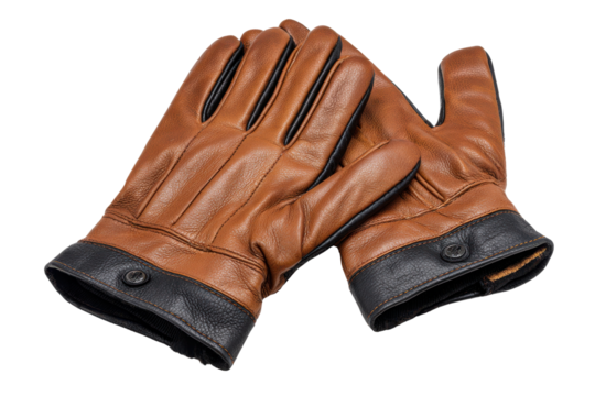 Brown leather gloves with black trim and button closure on black background accessory, Png, Isolated on Transparent Background, Cut Out