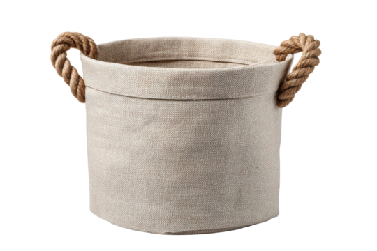 Natural linen storage basket with thick rope handles on black background fabric textile, Png, Isolated on Transparent Background, Cut Out