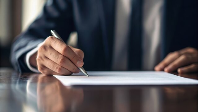 A professional hand holding a pen, poised over a sheet of paper on a desk, suggesting work or signing a document.