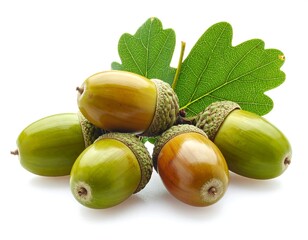 Close-up shot of acorns with green leaves, isolated on a white background
