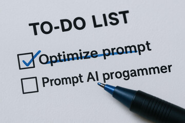Optimize prompt ai programmer checklist with blue pen and completed task conveying focus and productivity