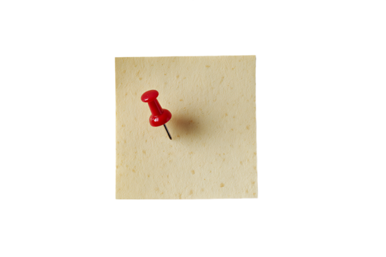 Square Tan Note Pinned with a Red Pushpin on a Transparent Background Flat Lay, PNG