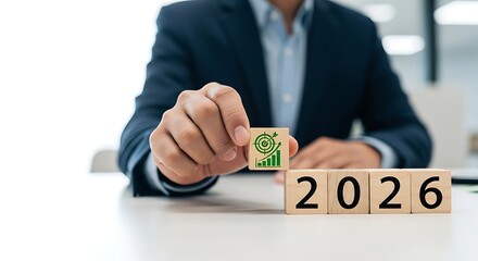 Businessman placing a green leaf symbol on a wooden block to create the year 2026 representing sustainability and future growth