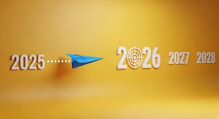 Blue paper airplane flying from the year 2025 towards the target of 2026 and future years on a golden background