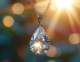 Elegant teardrop pendant reflecting sunbeams. Sparkling diamond
