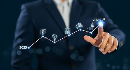 Businessman pointing at a glowing digital upward trending graph with icons representing business growth and success