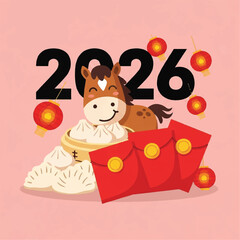 Fototapeta premium Cartoon horse character celebrating the Chinese New Year 2026 with dumplings, red envelopes, and lanterns on a pink background.