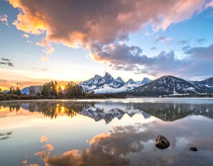 Dramatic mountain sunrise over a reflective lake