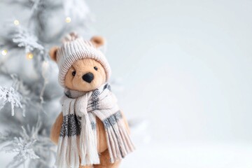 Cozy Teddy Bear in Winter Scarf and Hat near Christmas Tree – Soft Holiday Background