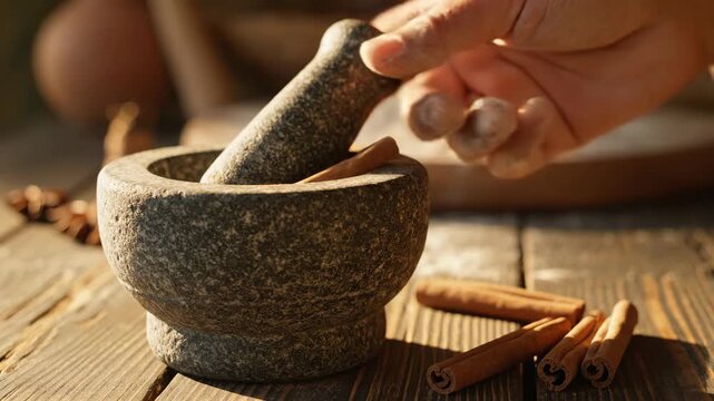 Mortar and Cinnamon Sticks on Wood - A rustic stone mortar and pestle sit on a wooden table. A hand carefully places a cinnamon stick, ready for grinding, with additional cinnamon sticks scattered