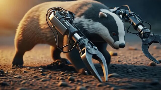 A badger with robotic arms digging in the dirt showcasing a blend of nature and advanced technology.