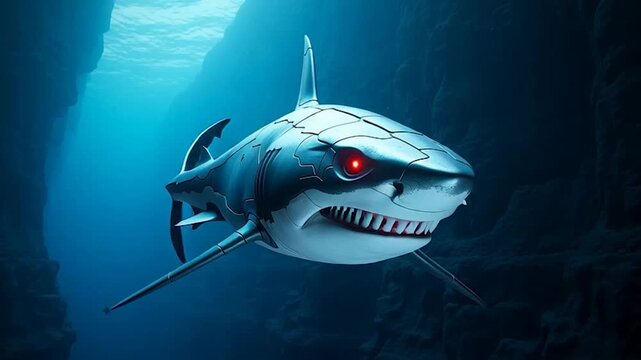 A menacing great white shark with glowing red eyes swims in the deep blue ocean a fearsome predator of the sea.