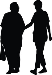 Silhouette of Elderly Person and Young Adult Walking Together, Family and Caregiving Concept