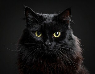 Close-up of a long-haired black cat against a dark background