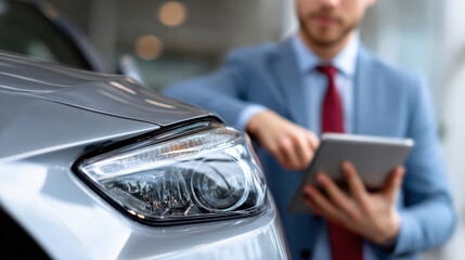 Focused insurance agent inspects car damage after an accident. man uses tablet to calculate detailed repair estimate for claim in professional service center