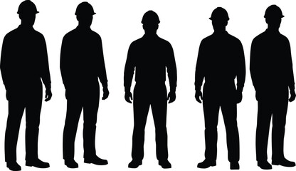 Construction worker silhouettes, hard hat team, black outline, workforce representation, safety attire, industrial labor, standing figures, job site crew, engineering staff, occupational concept
