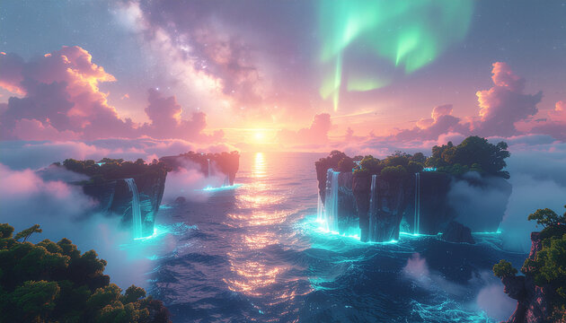 Fantasy landscape with floating islands and waterfalls at sunset with aurora