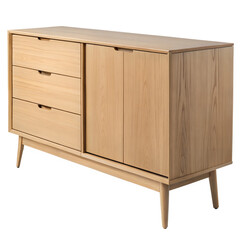 Modern light wood sideboard with drawers and cabinet doors on tapered legs