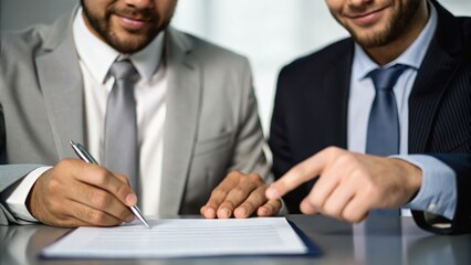 Fototapeta premium Two business professionals signing a document, showcasing collaboration and agreement in a modern office setting.