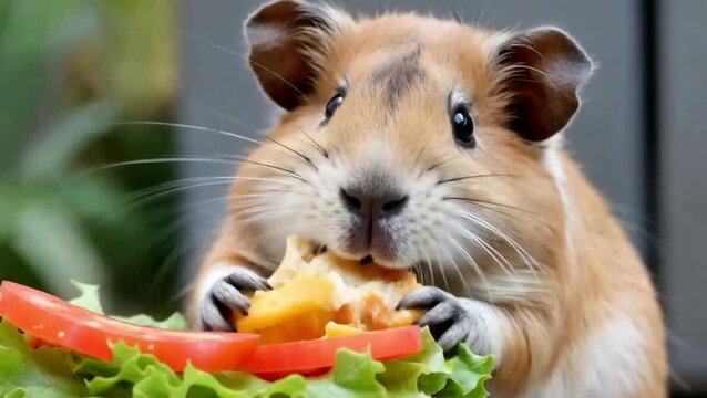 A close-up of a guinea pig eating a piece of cheese or yellow vegetable from a pile of fresh lettuce, tomato, and other salad ingredients.