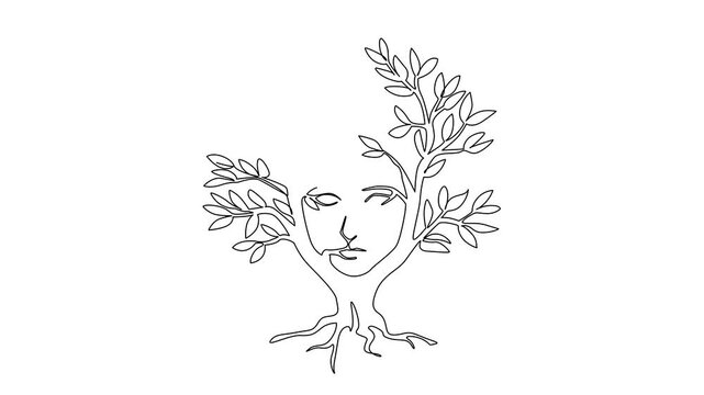 Self drawing animation of continuous one line drawing a broadleaf tree with the middle of the trunk forming the silhouette of face. Natural artificial intelligence. Tree Concept. Full length animated