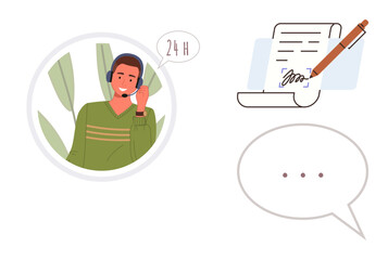 Smiling support agent wearing a headset, document with a pen for signing, and a chat bubble. Ideal for customer service, communication, contracts, business, support, teamwork simple flat metaphor