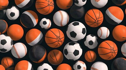 Assortment of athletic spheres overlaps across a dark background creating a dynamic pattern